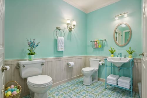 photo from pinterest of easter-style interior designed (hotel bathroom interior) with toilet seat and bathroom sink with faucet and bathtub and waste basket and bathroom cabinet and plant and bath rail and shower. . with light blue colors and spring decorations and flowers on table and colorful easter eggs and easter decorations and light blue colors. . cinematic photo, highly detailed, cinematic lighting, ultra-detailed, ultrarealistic, photorealism, 8k. trending on pinterest. easter interior design style. masterpiece, cinematic light, ultrarealistic+, photorealistic+, 8k, raw photo, realistic, sharp focus on eyes, (symmetrical eyes), (intact eyes), hyperrealistic, highest quality, best quality, , highly detailed, masterpiece, best quality, extremely detailed 8k wallpaper, masterpiece, best quality, ultra-detailed, best shadow, detailed background, detailed face, detailed eyes, high contrast, best illumination, detailed face, dulux, caustic, dynamic angle, detailed glow. dramatic lighting. highly detailed, insanely detailed hair, symmetrical, intricate details, professionally retouched, 8k high definition. strong bokeh. award winning photo.