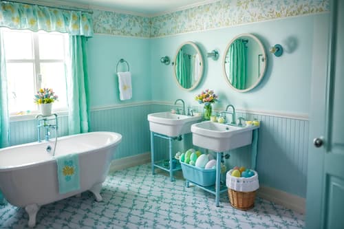 photo from pinterest of easter-style interior designed (hotel bathroom interior) with toilet seat and bathroom sink with faucet and bathtub and waste basket and bathroom cabinet and plant and bath rail and shower. . with light blue colors and spring decorations and flowers on table and colorful easter eggs and easter decorations and light blue colors. . cinematic photo, highly detailed, cinematic lighting, ultra-detailed, ultrarealistic, photorealism, 8k. trending on pinterest. easter interior design style. masterpiece, cinematic light, ultrarealistic+, photorealistic+, 8k, raw photo, realistic, sharp focus on eyes, (symmetrical eyes), (intact eyes), hyperrealistic, highest quality, best quality, , highly detailed, masterpiece, best quality, extremely detailed 8k wallpaper, masterpiece, best quality, ultra-detailed, best shadow, detailed background, detailed face, detailed eyes, high contrast, best illumination, detailed face, dulux, caustic, dynamic angle, detailed glow. dramatic lighting. highly detailed, insanely detailed hair, symmetrical, intricate details, professionally retouched, 8k high definition. strong bokeh. award winning photo.