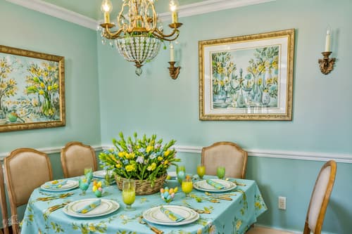 photo from pinterest of easter-style interior designed (dining room interior) with table cloth and painting or photo on wall and dining table and dining table chairs and light or chandelier and vase and plant and plates, cutlery and glasses on dining table. . with flowers on table and colorful easter eggs and light blue colors and spring decorations and easter decorations and flowers on table. . cinematic photo, highly detailed, cinematic lighting, ultra-detailed, ultrarealistic, photorealism, 8k. trending on pinterest. easter interior design style. masterpiece, cinematic light, ultrarealistic+, photorealistic+, 8k, raw photo, realistic, sharp focus on eyes, (symmetrical eyes), (intact eyes), hyperrealistic, highest quality, best quality, , highly detailed, masterpiece, best quality, extremely detailed 8k wallpaper, masterpiece, best quality, ultra-detailed, best shadow, detailed background, detailed face, detailed eyes, high contrast, best illumination, detailed face, dulux, caustic, dynamic angle, detailed glow. dramatic lighting. highly detailed, insanely detailed hair, symmetrical, intricate details, professionally retouched, 8k high definition. strong bokeh. award winning photo.