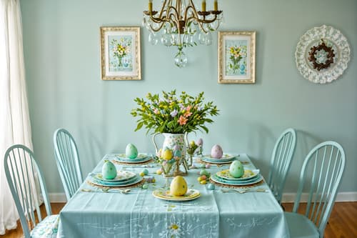 photo from pinterest of easter-style interior designed (dining room interior) with table cloth and painting or photo on wall and dining table and dining table chairs and light or chandelier and vase and plant and plates, cutlery and glasses on dining table. . with flowers on table and colorful easter eggs and light blue colors and spring decorations and easter decorations and flowers on table. . cinematic photo, highly detailed, cinematic lighting, ultra-detailed, ultrarealistic, photorealism, 8k. trending on pinterest. easter interior design style. masterpiece, cinematic light, ultrarealistic+, photorealistic+, 8k, raw photo, realistic, sharp focus on eyes, (symmetrical eyes), (intact eyes), hyperrealistic, highest quality, best quality, , highly detailed, masterpiece, best quality, extremely detailed 8k wallpaper, masterpiece, best quality, ultra-detailed, best shadow, detailed background, detailed face, detailed eyes, high contrast, best illumination, detailed face, dulux, caustic, dynamic angle, detailed glow. dramatic lighting. highly detailed, insanely detailed hair, symmetrical, intricate details, professionally retouched, 8k high definition. strong bokeh. award winning photo.