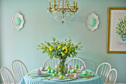 photo from pinterest of easter-style interior designed (dining room interior) with table cloth and painting or photo on wall and dining table and dining table chairs and light or chandelier and vase and plant and plates, cutlery and glasses on dining table. . with flowers on table and colorful easter eggs and light blue colors and spring decorations and easter decorations and flowers on table. . cinematic photo, highly detailed, cinematic lighting, ultra-detailed, ultrarealistic, photorealism, 8k. trending on pinterest. easter interior design style. masterpiece, cinematic light, ultrarealistic+, photorealistic+, 8k, raw photo, realistic, sharp focus on eyes, (symmetrical eyes), (intact eyes), hyperrealistic, highest quality, best quality, , highly detailed, masterpiece, best quality, extremely detailed 8k wallpaper, masterpiece, best quality, ultra-detailed, best shadow, detailed background, detailed face, detailed eyes, high contrast, best illumination, detailed face, dulux, caustic, dynamic angle, detailed glow. dramatic lighting. highly detailed, insanely detailed hair, symmetrical, intricate details, professionally retouched, 8k high definition. strong bokeh. award winning photo.