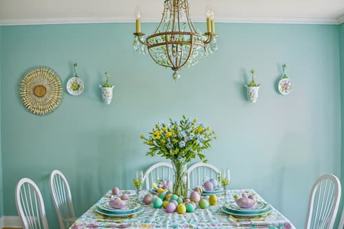 photo from pinterest of easter-style interior designed (dining room interior) with table cloth and painting or photo on wall and dining table and dining table chairs and light or chandelier and vase and plant and plates, cutlery and glasses on dining table. . with flowers on table and colorful easter eggs and light blue colors and spring decorations and easter decorations and flowers on table. . cinematic photo, highly detailed, cinematic lighting, ultra-detailed, ultrarealistic, photorealism, 8k. trending on pinterest. easter interior design style. masterpiece, cinematic light, ultrarealistic+, photorealistic+, 8k, raw photo, realistic, sharp focus on eyes, (symmetrical eyes), (intact eyes), hyperrealistic, highest quality, best quality, , highly detailed, masterpiece, best quality, extremely detailed 8k wallpaper, masterpiece, best quality, ultra-detailed, best shadow, detailed background, detailed face, detailed eyes, high contrast, best illumination, detailed face, dulux, caustic, dynamic angle, detailed glow. dramatic lighting. highly detailed, insanely detailed hair, symmetrical, intricate details, professionally retouched, 8k high definition. strong bokeh. award winning photo.