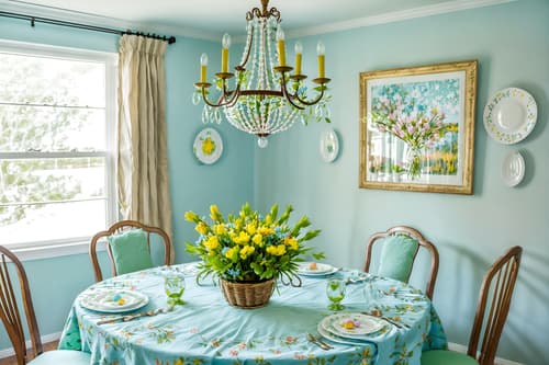 photo from pinterest of easter-style interior designed (dining room interior) with table cloth and painting or photo on wall and dining table and dining table chairs and light or chandelier and vase and plant and plates, cutlery and glasses on dining table. . with flowers on table and colorful easter eggs and light blue colors and spring decorations and easter decorations and flowers on table. . cinematic photo, highly detailed, cinematic lighting, ultra-detailed, ultrarealistic, photorealism, 8k. trending on pinterest. easter interior design style. masterpiece, cinematic light, ultrarealistic+, photorealistic+, 8k, raw photo, realistic, sharp focus on eyes, (symmetrical eyes), (intact eyes), hyperrealistic, highest quality, best quality, , highly detailed, masterpiece, best quality, extremely detailed 8k wallpaper, masterpiece, best quality, ultra-detailed, best shadow, detailed background, detailed face, detailed eyes, high contrast, best illumination, detailed face, dulux, caustic, dynamic angle, detailed glow. dramatic lighting. highly detailed, insanely detailed hair, symmetrical, intricate details, professionally retouched, 8k high definition. strong bokeh. award winning photo.