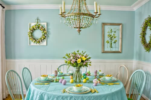 photo from pinterest of easter-style interior designed (dining room interior) with table cloth and painting or photo on wall and dining table and dining table chairs and light or chandelier and vase and plant and plates, cutlery and glasses on dining table. . with flowers on table and colorful easter eggs and light blue colors and spring decorations and easter decorations and flowers on table. . cinematic photo, highly detailed, cinematic lighting, ultra-detailed, ultrarealistic, photorealism, 8k. trending on pinterest. easter interior design style. masterpiece, cinematic light, ultrarealistic+, photorealistic+, 8k, raw photo, realistic, sharp focus on eyes, (symmetrical eyes), (intact eyes), hyperrealistic, highest quality, best quality, , highly detailed, masterpiece, best quality, extremely detailed 8k wallpaper, masterpiece, best quality, ultra-detailed, best shadow, detailed background, detailed face, detailed eyes, high contrast, best illumination, detailed face, dulux, caustic, dynamic angle, detailed glow. dramatic lighting. highly detailed, insanely detailed hair, symmetrical, intricate details, professionally retouched, 8k high definition. strong bokeh. award winning photo.