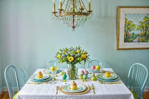 photo from pinterest of easter-style interior designed (dining room interior) with table cloth and painting or photo on wall and dining table and dining table chairs and light or chandelier and vase and plant and plates, cutlery and glasses on dining table. . with flowers on table and colorful easter eggs and light blue colors and spring decorations and easter decorations and flowers on table. . cinematic photo, highly detailed, cinematic lighting, ultra-detailed, ultrarealistic, photorealism, 8k. trending on pinterest. easter interior design style. masterpiece, cinematic light, ultrarealistic+, photorealistic+, 8k, raw photo, realistic, sharp focus on eyes, (symmetrical eyes), (intact eyes), hyperrealistic, highest quality, best quality, , highly detailed, masterpiece, best quality, extremely detailed 8k wallpaper, masterpiece, best quality, ultra-detailed, best shadow, detailed background, detailed face, detailed eyes, high contrast, best illumination, detailed face, dulux, caustic, dynamic angle, detailed glow. dramatic lighting. highly detailed, insanely detailed hair, symmetrical, intricate details, professionally retouched, 8k high definition. strong bokeh. award winning photo.