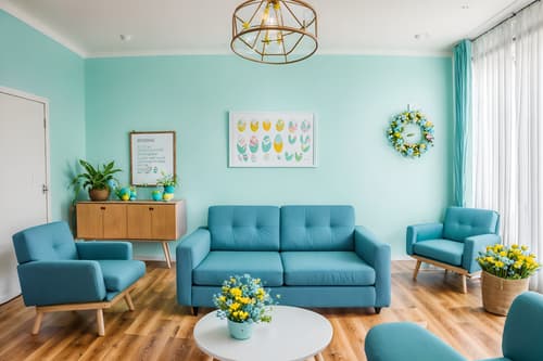 photo from pinterest of easter-style interior designed (coworking space interior) with seating area with sofa and office desks and lounge chairs and office chairs and seating area with sofa. . with light blue colors and flowers on table and spring decorations and easter decorations and colorful easter eggs and light blue colors. . cinematic photo, highly detailed, cinematic lighting, ultra-detailed, ultrarealistic, photorealism, 8k. trending on pinterest. easter interior design style. masterpiece, cinematic light, ultrarealistic+, photorealistic+, 8k, raw photo, realistic, sharp focus on eyes, (symmetrical eyes), (intact eyes), hyperrealistic, highest quality, best quality, , highly detailed, masterpiece, best quality, extremely detailed 8k wallpaper, masterpiece, best quality, ultra-detailed, best shadow, detailed background, detailed face, detailed eyes, high contrast, best illumination, detailed face, dulux, caustic, dynamic angle, detailed glow. dramatic lighting. highly detailed, insanely detailed hair, symmetrical, intricate details, professionally retouched, 8k high definition. strong bokeh. award winning photo.