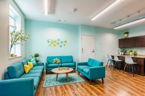 photo from pinterest of easter-style interior designed (coworking space interior) with seating area with sofa and office desks and lounge chairs and office chairs and seating area with sofa. . with light blue colors and flowers on table and spring decorations and easter decorations and colorful easter eggs and light blue colors. . cinematic photo, highly detailed, cinematic lighting, ultra-detailed, ultrarealistic, photorealism, 8k. trending on pinterest. easter interior design style. masterpiece, cinematic light, ultrarealistic+, photorealistic+, 8k, raw photo, realistic, sharp focus on eyes, (symmetrical eyes), (intact eyes), hyperrealistic, highest quality, best quality, , highly detailed, masterpiece, best quality, extremely detailed 8k wallpaper, masterpiece, best quality, ultra-detailed, best shadow, detailed background, detailed face, detailed eyes, high contrast, best illumination, detailed face, dulux, caustic, dynamic angle, detailed glow. dramatic lighting. highly detailed, insanely detailed hair, symmetrical, intricate details, professionally retouched, 8k high definition. strong bokeh. award winning photo.