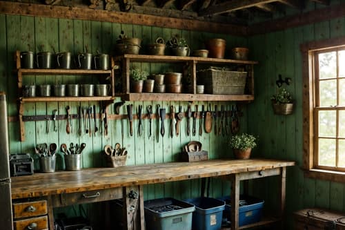 photo from pinterest of cottagecore-style interior designed (workshop interior) with tool wall and messy and wooden workbench and tool wall. . with floral patterns and rustic and organic and traditional and cottage style and earthy and natural and country style. . cinematic photo, highly detailed, cinematic lighting, ultra-detailed, ultrarealistic, photorealism, 8k. trending on pinterest. cottagecore interior design style. masterpiece, cinematic light, ultrarealistic+, photorealistic+, 8k, raw photo, realistic, sharp focus on eyes, (symmetrical eyes), (intact eyes), hyperrealistic, highest quality, best quality, , highly detailed, masterpiece, best quality, extremely detailed 8k wallpaper, masterpiece, best quality, ultra-detailed, best shadow, detailed background, detailed face, detailed eyes, high contrast, best illumination, detailed face, dulux, caustic, dynamic angle, detailed glow. dramatic lighting. highly detailed, insanely detailed hair, symmetrical, intricate details, professionally retouched, 8k high definition. strong bokeh. award winning photo.