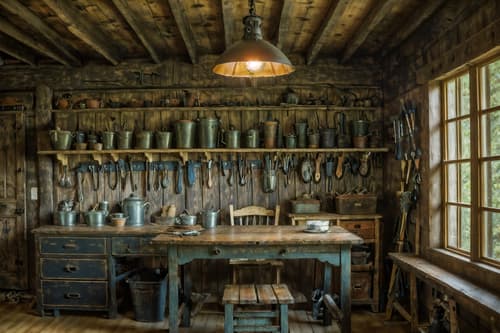 photo from pinterest of cottagecore-style interior designed (workshop interior) with tool wall and messy and wooden workbench and tool wall. . with floral patterns and rustic and organic and traditional and cottage style and earthy and natural and country style. . cinematic photo, highly detailed, cinematic lighting, ultra-detailed, ultrarealistic, photorealism, 8k. trending on pinterest. cottagecore interior design style. masterpiece, cinematic light, ultrarealistic+, photorealistic+, 8k, raw photo, realistic, sharp focus on eyes, (symmetrical eyes), (intact eyes), hyperrealistic, highest quality, best quality, , highly detailed, masterpiece, best quality, extremely detailed 8k wallpaper, masterpiece, best quality, ultra-detailed, best shadow, detailed background, detailed face, detailed eyes, high contrast, best illumination, detailed face, dulux, caustic, dynamic angle, detailed glow. dramatic lighting. highly detailed, insanely detailed hair, symmetrical, intricate details, professionally retouched, 8k high definition. strong bokeh. award winning photo.