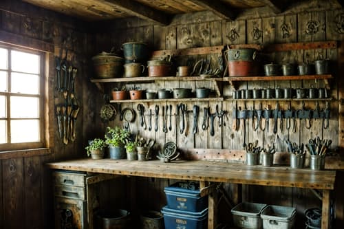 photo from pinterest of cottagecore-style interior designed (workshop interior) with tool wall and messy and wooden workbench and tool wall. . with floral patterns and rustic and organic and traditional and cottage style and earthy and natural and country style. . cinematic photo, highly detailed, cinematic lighting, ultra-detailed, ultrarealistic, photorealism, 8k. trending on pinterest. cottagecore interior design style. masterpiece, cinematic light, ultrarealistic+, photorealistic+, 8k, raw photo, realistic, sharp focus on eyes, (symmetrical eyes), (intact eyes), hyperrealistic, highest quality, best quality, , highly detailed, masterpiece, best quality, extremely detailed 8k wallpaper, masterpiece, best quality, ultra-detailed, best shadow, detailed background, detailed face, detailed eyes, high contrast, best illumination, detailed face, dulux, caustic, dynamic angle, detailed glow. dramatic lighting. highly detailed, insanely detailed hair, symmetrical, intricate details, professionally retouched, 8k high definition. strong bokeh. award winning photo.