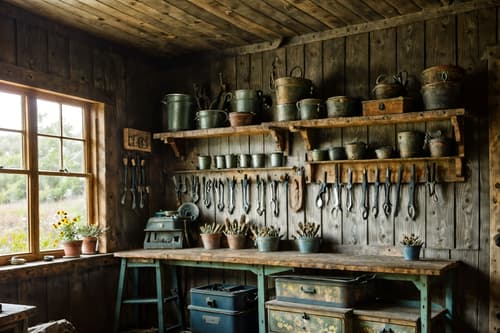 photo from pinterest of cottagecore-style interior designed (workshop interior) with tool wall and messy and wooden workbench and tool wall. . with floral patterns and rustic and organic and traditional and cottage style and earthy and natural and country style. . cinematic photo, highly detailed, cinematic lighting, ultra-detailed, ultrarealistic, photorealism, 8k. trending on pinterest. cottagecore interior design style. masterpiece, cinematic light, ultrarealistic+, photorealistic+, 8k, raw photo, realistic, sharp focus on eyes, (symmetrical eyes), (intact eyes), hyperrealistic, highest quality, best quality, , highly detailed, masterpiece, best quality, extremely detailed 8k wallpaper, masterpiece, best quality, ultra-detailed, best shadow, detailed background, detailed face, detailed eyes, high contrast, best illumination, detailed face, dulux, caustic, dynamic angle, detailed glow. dramatic lighting. highly detailed, insanely detailed hair, symmetrical, intricate details, professionally retouched, 8k high definition. strong bokeh. award winning photo.