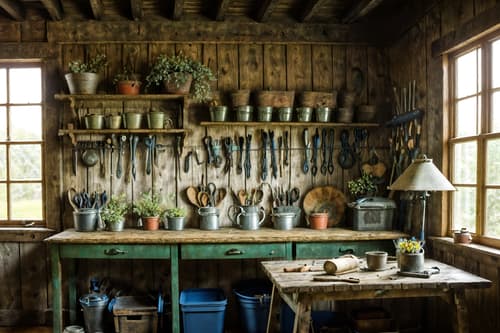 photo from pinterest of cottagecore-style interior designed (workshop interior) with tool wall and messy and wooden workbench and tool wall. . with floral patterns and rustic and organic and traditional and cottage style and earthy and natural and country style. . cinematic photo, highly detailed, cinematic lighting, ultra-detailed, ultrarealistic, photorealism, 8k. trending on pinterest. cottagecore interior design style. masterpiece, cinematic light, ultrarealistic+, photorealistic+, 8k, raw photo, realistic, sharp focus on eyes, (symmetrical eyes), (intact eyes), hyperrealistic, highest quality, best quality, , highly detailed, masterpiece, best quality, extremely detailed 8k wallpaper, masterpiece, best quality, ultra-detailed, best shadow, detailed background, detailed face, detailed eyes, high contrast, best illumination, detailed face, dulux, caustic, dynamic angle, detailed glow. dramatic lighting. highly detailed, insanely detailed hair, symmetrical, intricate details, professionally retouched, 8k high definition. strong bokeh. award winning photo.