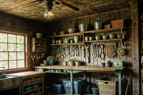 photo from pinterest of cottagecore-style interior designed (workshop interior) with tool wall and messy and wooden workbench and tool wall. . with floral patterns and rustic and organic and traditional and cottage style and earthy and natural and country style. . cinematic photo, highly detailed, cinematic lighting, ultra-detailed, ultrarealistic, photorealism, 8k. trending on pinterest. cottagecore interior design style. masterpiece, cinematic light, ultrarealistic+, photorealistic+, 8k, raw photo, realistic, sharp focus on eyes, (symmetrical eyes), (intact eyes), hyperrealistic, highest quality, best quality, , highly detailed, masterpiece, best quality, extremely detailed 8k wallpaper, masterpiece, best quality, ultra-detailed, best shadow, detailed background, detailed face, detailed eyes, high contrast, best illumination, detailed face, dulux, caustic, dynamic angle, detailed glow. dramatic lighting. highly detailed, insanely detailed hair, symmetrical, intricate details, professionally retouched, 8k high definition. strong bokeh. award winning photo.