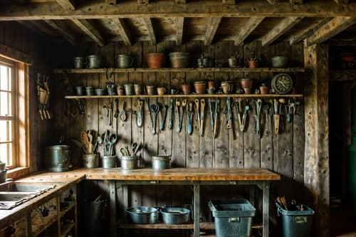 photo from pinterest of cottagecore-style interior designed (workshop interior) with tool wall and messy and wooden workbench and tool wall. . with floral patterns and rustic and organic and traditional and cottage style and earthy and natural and country style. . cinematic photo, highly detailed, cinematic lighting, ultra-detailed, ultrarealistic, photorealism, 8k. trending on pinterest. cottagecore interior design style. masterpiece, cinematic light, ultrarealistic+, photorealistic+, 8k, raw photo, realistic, sharp focus on eyes, (symmetrical eyes), (intact eyes), hyperrealistic, highest quality, best quality, , highly detailed, masterpiece, best quality, extremely detailed 8k wallpaper, masterpiece, best quality, ultra-detailed, best shadow, detailed background, detailed face, detailed eyes, high contrast, best illumination, detailed face, dulux, caustic, dynamic angle, detailed glow. dramatic lighting. highly detailed, insanely detailed hair, symmetrical, intricate details, professionally retouched, 8k high definition. strong bokeh. award winning photo.