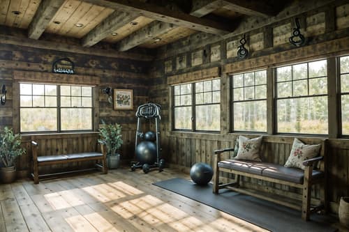 photo from pinterest of cottagecore-style interior designed (fitness gym interior) with bench press and squat rack and dumbbell stand and crosstrainer and exercise bicycle and bench press. . with rustic and organic and cottage style and traditional and country style and earthy and muted colors and floral patterns. . cinematic photo, highly detailed, cinematic lighting, ultra-detailed, ultrarealistic, photorealism, 8k. trending on pinterest. cottagecore interior design style. masterpiece, cinematic light, ultrarealistic+, photorealistic+, 8k, raw photo, realistic, sharp focus on eyes, (symmetrical eyes), (intact eyes), hyperrealistic, highest quality, best quality, , highly detailed, masterpiece, best quality, extremely detailed 8k wallpaper, masterpiece, best quality, ultra-detailed, best shadow, detailed background, detailed face, detailed eyes, high contrast, best illumination, detailed face, dulux, caustic, dynamic angle, detailed glow. dramatic lighting. highly detailed, insanely detailed hair, symmetrical, intricate details, professionally retouched, 8k high definition. strong bokeh. award winning photo.