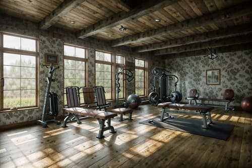 photo from pinterest of cottagecore-style interior designed (fitness gym interior) with bench press and squat rack and dumbbell stand and crosstrainer and exercise bicycle and bench press. . with rustic and organic and cottage style and traditional and country style and earthy and muted colors and floral patterns. . cinematic photo, highly detailed, cinematic lighting, ultra-detailed, ultrarealistic, photorealism, 8k. trending on pinterest. cottagecore interior design style. masterpiece, cinematic light, ultrarealistic+, photorealistic+, 8k, raw photo, realistic, sharp focus on eyes, (symmetrical eyes), (intact eyes), hyperrealistic, highest quality, best quality, , highly detailed, masterpiece, best quality, extremely detailed 8k wallpaper, masterpiece, best quality, ultra-detailed, best shadow, detailed background, detailed face, detailed eyes, high contrast, best illumination, detailed face, dulux, caustic, dynamic angle, detailed glow. dramatic lighting. highly detailed, insanely detailed hair, symmetrical, intricate details, professionally retouched, 8k high definition. strong bokeh. award winning photo.