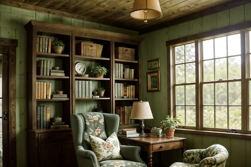 photo from pinterest of cottagecore-style interior designed (study room interior) with lounge chair and desk lamp and office chair and bookshelves and plant and cabinets and writing desk and lounge chair. . with organic and rustic and floral patterns and earthy and cottage style and country style and natural and muted colors. . cinematic photo, highly detailed, cinematic lighting, ultra-detailed, ultrarealistic, photorealism, 8k. trending on pinterest. cottagecore interior design style. masterpiece, cinematic light, ultrarealistic+, photorealistic+, 8k, raw photo, realistic, sharp focus on eyes, (symmetrical eyes), (intact eyes), hyperrealistic, highest quality, best quality, , highly detailed, masterpiece, best quality, extremely detailed 8k wallpaper, masterpiece, best quality, ultra-detailed, best shadow, detailed background, detailed face, detailed eyes, high contrast, best illumination, detailed face, dulux, caustic, dynamic angle, detailed glow. dramatic lighting. highly detailed, insanely detailed hair, symmetrical, intricate details, professionally retouched, 8k high definition. strong bokeh. award winning photo.