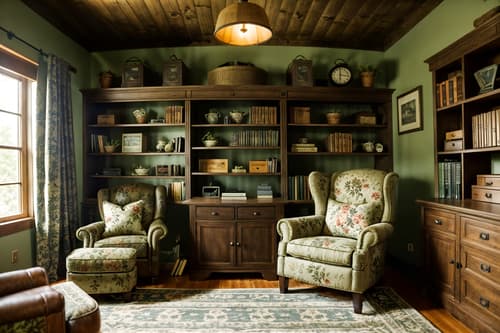 photo from pinterest of cottagecore-style interior designed (study room interior) with lounge chair and desk lamp and office chair and bookshelves and plant and cabinets and writing desk and lounge chair. . with organic and rustic and floral patterns and earthy and cottage style and country style and natural and muted colors. . cinematic photo, highly detailed, cinematic lighting, ultra-detailed, ultrarealistic, photorealism, 8k. trending on pinterest. cottagecore interior design style. masterpiece, cinematic light, ultrarealistic+, photorealistic+, 8k, raw photo, realistic, sharp focus on eyes, (symmetrical eyes), (intact eyes), hyperrealistic, highest quality, best quality, , highly detailed, masterpiece, best quality, extremely detailed 8k wallpaper, masterpiece, best quality, ultra-detailed, best shadow, detailed background, detailed face, detailed eyes, high contrast, best illumination, detailed face, dulux, caustic, dynamic angle, detailed glow. dramatic lighting. highly detailed, insanely detailed hair, symmetrical, intricate details, professionally retouched, 8k high definition. strong bokeh. award winning photo.