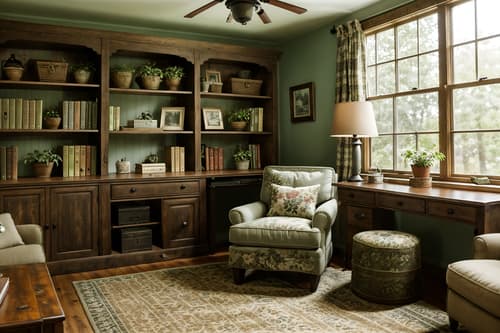 photo from pinterest of cottagecore-style interior designed (study room interior) with lounge chair and desk lamp and office chair and bookshelves and plant and cabinets and writing desk and lounge chair. . with organic and rustic and floral patterns and earthy and cottage style and country style and natural and muted colors. . cinematic photo, highly detailed, cinematic lighting, ultra-detailed, ultrarealistic, photorealism, 8k. trending on pinterest. cottagecore interior design style. masterpiece, cinematic light, ultrarealistic+, photorealistic+, 8k, raw photo, realistic, sharp focus on eyes, (symmetrical eyes), (intact eyes), hyperrealistic, highest quality, best quality, , highly detailed, masterpiece, best quality, extremely detailed 8k wallpaper, masterpiece, best quality, ultra-detailed, best shadow, detailed background, detailed face, detailed eyes, high contrast, best illumination, detailed face, dulux, caustic, dynamic angle, detailed glow. dramatic lighting. highly detailed, insanely detailed hair, symmetrical, intricate details, professionally retouched, 8k high definition. strong bokeh. award winning photo.