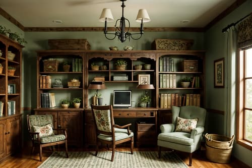 photo from pinterest of cottagecore-style interior designed (study room interior) with lounge chair and desk lamp and office chair and bookshelves and plant and cabinets and writing desk and lounge chair. . with organic and rustic and floral patterns and earthy and cottage style and country style and natural and muted colors. . cinematic photo, highly detailed, cinematic lighting, ultra-detailed, ultrarealistic, photorealism, 8k. trending on pinterest. cottagecore interior design style. masterpiece, cinematic light, ultrarealistic+, photorealistic+, 8k, raw photo, realistic, sharp focus on eyes, (symmetrical eyes), (intact eyes), hyperrealistic, highest quality, best quality, , highly detailed, masterpiece, best quality, extremely detailed 8k wallpaper, masterpiece, best quality, ultra-detailed, best shadow, detailed background, detailed face, detailed eyes, high contrast, best illumination, detailed face, dulux, caustic, dynamic angle, detailed glow. dramatic lighting. highly detailed, insanely detailed hair, symmetrical, intricate details, professionally retouched, 8k high definition. strong bokeh. award winning photo.