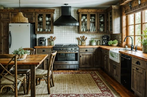 photo from pinterest of cottagecore-style interior designed (kitchen living combo interior) with chairs and furniture and occasional tables and kitchen cabinets and stove and bookshelves and rug and plant. . with rustic and organic and cottage style and natural and country style and floral patterns and earthy and traditional. . cinematic photo, highly detailed, cinematic lighting, ultra-detailed, ultrarealistic, photorealism, 8k. trending on pinterest. cottagecore interior design style. masterpiece, cinematic light, ultrarealistic+, photorealistic+, 8k, raw photo, realistic, sharp focus on eyes, (symmetrical eyes), (intact eyes), hyperrealistic, highest quality, best quality, , highly detailed, masterpiece, best quality, extremely detailed 8k wallpaper, masterpiece, best quality, ultra-detailed, best shadow, detailed background, detailed face, detailed eyes, high contrast, best illumination, detailed face, dulux, caustic, dynamic angle, detailed glow. dramatic lighting. highly detailed, insanely detailed hair, symmetrical, intricate details, professionally retouched, 8k high definition. strong bokeh. award winning photo.