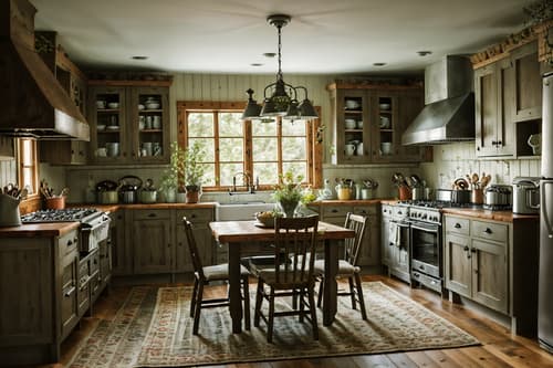 photo from pinterest of cottagecore-style interior designed (kitchen living combo interior) with chairs and furniture and occasional tables and kitchen cabinets and stove and bookshelves and rug and plant. . with rustic and organic and cottage style and natural and country style and floral patterns and earthy and traditional. . cinematic photo, highly detailed, cinematic lighting, ultra-detailed, ultrarealistic, photorealism, 8k. trending on pinterest. cottagecore interior design style. masterpiece, cinematic light, ultrarealistic+, photorealistic+, 8k, raw photo, realistic, sharp focus on eyes, (symmetrical eyes), (intact eyes), hyperrealistic, highest quality, best quality, , highly detailed, masterpiece, best quality, extremely detailed 8k wallpaper, masterpiece, best quality, ultra-detailed, best shadow, detailed background, detailed face, detailed eyes, high contrast, best illumination, detailed face, dulux, caustic, dynamic angle, detailed glow. dramatic lighting. highly detailed, insanely detailed hair, symmetrical, intricate details, professionally retouched, 8k high definition. strong bokeh. award winning photo.