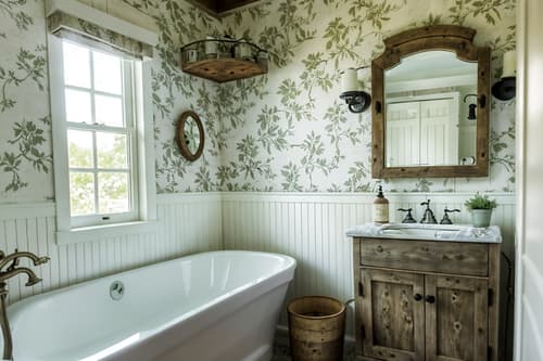 photo from pinterest of cottagecore-style interior designed (hotel bathroom interior) with bath towel and plant and toilet seat and shower and bathroom cabinet and bathtub and bath rail and mirror. . with traditional and cottage style and rustic and country style and floral patterns and organic and earthy and muted colors. . cinematic photo, highly detailed, cinematic lighting, ultra-detailed, ultrarealistic, photorealism, 8k. trending on pinterest. cottagecore interior design style. masterpiece, cinematic light, ultrarealistic+, photorealistic+, 8k, raw photo, realistic, sharp focus on eyes, (symmetrical eyes), (intact eyes), hyperrealistic, highest quality, best quality, , highly detailed, masterpiece, best quality, extremely detailed 8k wallpaper, masterpiece, best quality, ultra-detailed, best shadow, detailed background, detailed face, detailed eyes, high contrast, best illumination, detailed face, dulux, caustic, dynamic angle, detailed glow. dramatic lighting. highly detailed, insanely detailed hair, symmetrical, intricate details, professionally retouched, 8k high definition. strong bokeh. award winning photo.