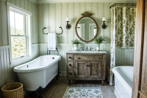 photo from pinterest of cottagecore-style interior designed (hotel bathroom interior) with bath towel and plant and toilet seat and shower and bathroom cabinet and bathtub and bath rail and mirror. . with traditional and cottage style and rustic and country style and floral patterns and organic and earthy and muted colors. . cinematic photo, highly detailed, cinematic lighting, ultra-detailed, ultrarealistic, photorealism, 8k. trending on pinterest. cottagecore interior design style. masterpiece, cinematic light, ultrarealistic+, photorealistic+, 8k, raw photo, realistic, sharp focus on eyes, (symmetrical eyes), (intact eyes), hyperrealistic, highest quality, best quality, , highly detailed, masterpiece, best quality, extremely detailed 8k wallpaper, masterpiece, best quality, ultra-detailed, best shadow, detailed background, detailed face, detailed eyes, high contrast, best illumination, detailed face, dulux, caustic, dynamic angle, detailed glow. dramatic lighting. highly detailed, insanely detailed hair, symmetrical, intricate details, professionally retouched, 8k high definition. strong bokeh. award winning photo.