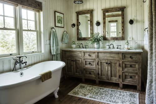 photo from pinterest of cottagecore-style interior designed (hotel bathroom interior) with bath towel and plant and toilet seat and shower and bathroom cabinet and bathtub and bath rail and mirror. . with traditional and cottage style and rustic and country style and floral patterns and organic and earthy and muted colors. . cinematic photo, highly detailed, cinematic lighting, ultra-detailed, ultrarealistic, photorealism, 8k. trending on pinterest. cottagecore interior design style. masterpiece, cinematic light, ultrarealistic+, photorealistic+, 8k, raw photo, realistic, sharp focus on eyes, (symmetrical eyes), (intact eyes), hyperrealistic, highest quality, best quality, , highly detailed, masterpiece, best quality, extremely detailed 8k wallpaper, masterpiece, best quality, ultra-detailed, best shadow, detailed background, detailed face, detailed eyes, high contrast, best illumination, detailed face, dulux, caustic, dynamic angle, detailed glow. dramatic lighting. highly detailed, insanely detailed hair, symmetrical, intricate details, professionally retouched, 8k high definition. strong bokeh. award winning photo.