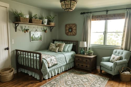 photo from pinterest of cottagecore-style interior designed (kids room interior) with plant and dresser closet and bedside table or night stand and night light and bed and accent chair and mirror and storage bench or ottoman. . with muted colors and natural and floral patterns and organic and rustic and earthy and country style and traditional. . cinematic photo, highly detailed, cinematic lighting, ultra-detailed, ultrarealistic, photorealism, 8k. trending on pinterest. cottagecore interior design style. masterpiece, cinematic light, ultrarealistic+, photorealistic+, 8k, raw photo, realistic, sharp focus on eyes, (symmetrical eyes), (intact eyes), hyperrealistic, highest quality, best quality, , highly detailed, masterpiece, best quality, extremely detailed 8k wallpaper, masterpiece, best quality, ultra-detailed, best shadow, detailed background, detailed face, detailed eyes, high contrast, best illumination, detailed face, dulux, caustic, dynamic angle, detailed glow. dramatic lighting. highly detailed, insanely detailed hair, symmetrical, intricate details, professionally retouched, 8k high definition. strong bokeh. award winning photo.