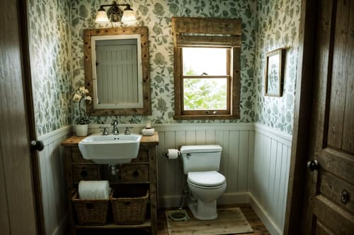 photo from pinterest of cottagecore-style interior designed (toilet interior) with sink with tap and toilet paper hanger and toilet with toilet seat up and sink with tap. . with floral patterns and rustic and earthy and muted colors and organic and natural and cottage style and traditional. . cinematic photo, highly detailed, cinematic lighting, ultra-detailed, ultrarealistic, photorealism, 8k. trending on pinterest. cottagecore interior design style. masterpiece, cinematic light, ultrarealistic+, photorealistic+, 8k, raw photo, realistic, sharp focus on eyes, (symmetrical eyes), (intact eyes), hyperrealistic, highest quality, best quality, , highly detailed, masterpiece, best quality, extremely detailed 8k wallpaper, masterpiece, best quality, ultra-detailed, best shadow, detailed background, detailed face, detailed eyes, high contrast, best illumination, detailed face, dulux, caustic, dynamic angle, detailed glow. dramatic lighting. highly detailed, insanely detailed hair, symmetrical, intricate details, professionally retouched, 8k high definition. strong bokeh. award winning photo.