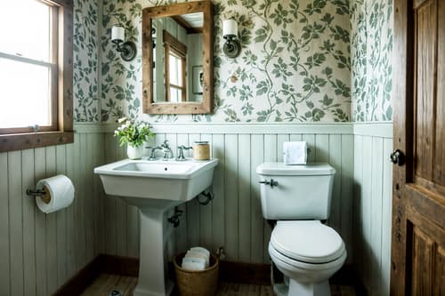 photo from pinterest of cottagecore-style interior designed (toilet interior) with sink with tap and toilet paper hanger and toilet with toilet seat up and sink with tap. . with floral patterns and rustic and earthy and muted colors and organic and natural and cottage style and traditional. . cinematic photo, highly detailed, cinematic lighting, ultra-detailed, ultrarealistic, photorealism, 8k. trending on pinterest. cottagecore interior design style. masterpiece, cinematic light, ultrarealistic+, photorealistic+, 8k, raw photo, realistic, sharp focus on eyes, (symmetrical eyes), (intact eyes), hyperrealistic, highest quality, best quality, , highly detailed, masterpiece, best quality, extremely detailed 8k wallpaper, masterpiece, best quality, ultra-detailed, best shadow, detailed background, detailed face, detailed eyes, high contrast, best illumination, detailed face, dulux, caustic, dynamic angle, detailed glow. dramatic lighting. highly detailed, insanely detailed hair, symmetrical, intricate details, professionally retouched, 8k high definition. strong bokeh. award winning photo.