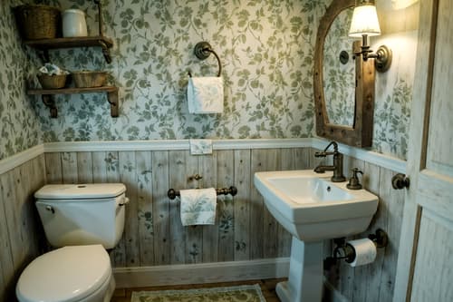 photo from pinterest of cottagecore-style interior designed (toilet interior) with sink with tap and toilet paper hanger and toilet with toilet seat up and sink with tap. . with floral patterns and rustic and earthy and muted colors and organic and natural and cottage style and traditional. . cinematic photo, highly detailed, cinematic lighting, ultra-detailed, ultrarealistic, photorealism, 8k. trending on pinterest. cottagecore interior design style. masterpiece, cinematic light, ultrarealistic+, photorealistic+, 8k, raw photo, realistic, sharp focus on eyes, (symmetrical eyes), (intact eyes), hyperrealistic, highest quality, best quality, , highly detailed, masterpiece, best quality, extremely detailed 8k wallpaper, masterpiece, best quality, ultra-detailed, best shadow, detailed background, detailed face, detailed eyes, high contrast, best illumination, detailed face, dulux, caustic, dynamic angle, detailed glow. dramatic lighting. highly detailed, insanely detailed hair, symmetrical, intricate details, professionally retouched, 8k high definition. strong bokeh. award winning photo.