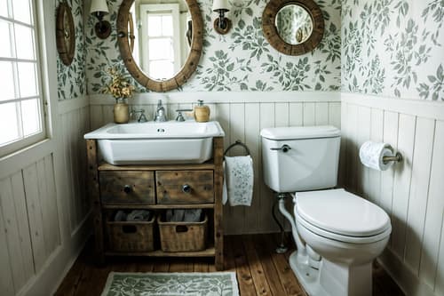 photo from pinterest of cottagecore-style interior designed (toilet interior) with sink with tap and toilet paper hanger and toilet with toilet seat up and sink with tap. . with floral patterns and rustic and earthy and muted colors and organic and natural and cottage style and traditional. . cinematic photo, highly detailed, cinematic lighting, ultra-detailed, ultrarealistic, photorealism, 8k. trending on pinterest. cottagecore interior design style. masterpiece, cinematic light, ultrarealistic+, photorealistic+, 8k, raw photo, realistic, sharp focus on eyes, (symmetrical eyes), (intact eyes), hyperrealistic, highest quality, best quality, , highly detailed, masterpiece, best quality, extremely detailed 8k wallpaper, masterpiece, best quality, ultra-detailed, best shadow, detailed background, detailed face, detailed eyes, high contrast, best illumination, detailed face, dulux, caustic, dynamic angle, detailed glow. dramatic lighting. highly detailed, insanely detailed hair, symmetrical, intricate details, professionally retouched, 8k high definition. strong bokeh. award winning photo.
