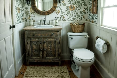 photo from pinterest of cottagecore-style interior designed (toilet interior) with sink with tap and toilet paper hanger and toilet with toilet seat up and sink with tap. . with floral patterns and rustic and earthy and muted colors and organic and natural and cottage style and traditional. . cinematic photo, highly detailed, cinematic lighting, ultra-detailed, ultrarealistic, photorealism, 8k. trending on pinterest. cottagecore interior design style. masterpiece, cinematic light, ultrarealistic+, photorealistic+, 8k, raw photo, realistic, sharp focus on eyes, (symmetrical eyes), (intact eyes), hyperrealistic, highest quality, best quality, , highly detailed, masterpiece, best quality, extremely detailed 8k wallpaper, masterpiece, best quality, ultra-detailed, best shadow, detailed background, detailed face, detailed eyes, high contrast, best illumination, detailed face, dulux, caustic, dynamic angle, detailed glow. dramatic lighting. highly detailed, insanely detailed hair, symmetrical, intricate details, professionally retouched, 8k high definition. strong bokeh. award winning photo.