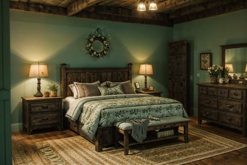 photo from pinterest of cottagecore-style interior designed (bedroom interior) with bedside table or night stand and dresser closet and night light and headboard and plant and mirror and bed and storage bench or ottoman. . with earthy and organic and natural and country style and cottage style and rustic and floral patterns and traditional. . cinematic photo, highly detailed, cinematic lighting, ultra-detailed, ultrarealistic, photorealism, 8k. trending on pinterest. cottagecore interior design style. masterpiece, cinematic light, ultrarealistic+, photorealistic+, 8k, raw photo, realistic, sharp focus on eyes, (symmetrical eyes), (intact eyes), hyperrealistic, highest quality, best quality, , highly detailed, masterpiece, best quality, extremely detailed 8k wallpaper, masterpiece, best quality, ultra-detailed, best shadow, detailed background, detailed face, detailed eyes, high contrast, best illumination, detailed face, dulux, caustic, dynamic angle, detailed glow. dramatic lighting. highly detailed, insanely detailed hair, symmetrical, intricate details, professionally retouched, 8k high definition. strong bokeh. award winning photo.