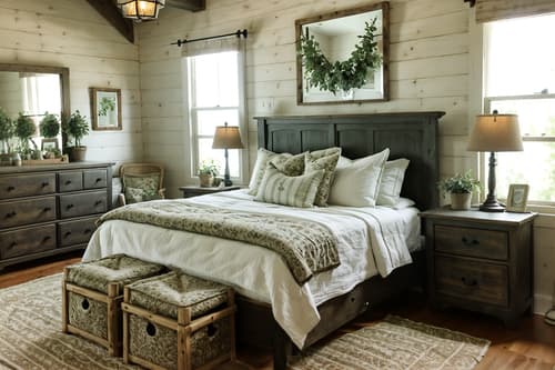 photo from pinterest of cottagecore-style interior designed (bedroom interior) with bedside table or night stand and dresser closet and night light and headboard and plant and mirror and bed and storage bench or ottoman. . with earthy and organic and natural and country style and cottage style and rustic and floral patterns and traditional. . cinematic photo, highly detailed, cinematic lighting, ultra-detailed, ultrarealistic, photorealism, 8k. trending on pinterest. cottagecore interior design style. masterpiece, cinematic light, ultrarealistic+, photorealistic+, 8k, raw photo, realistic, sharp focus on eyes, (symmetrical eyes), (intact eyes), hyperrealistic, highest quality, best quality, , highly detailed, masterpiece, best quality, extremely detailed 8k wallpaper, masterpiece, best quality, ultra-detailed, best shadow, detailed background, detailed face, detailed eyes, high contrast, best illumination, detailed face, dulux, caustic, dynamic angle, detailed glow. dramatic lighting. highly detailed, insanely detailed hair, symmetrical, intricate details, professionally retouched, 8k high definition. strong bokeh. award winning photo.