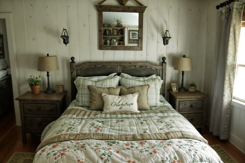 photo from pinterest of cottagecore-style interior designed (bedroom interior) with bedside table or night stand and dresser closet and night light and headboard and plant and mirror and bed and storage bench or ottoman. . with earthy and organic and natural and country style and cottage style and rustic and floral patterns and traditional. . cinematic photo, highly detailed, cinematic lighting, ultra-detailed, ultrarealistic, photorealism, 8k. trending on pinterest. cottagecore interior design style. masterpiece, cinematic light, ultrarealistic+, photorealistic+, 8k, raw photo, realistic, sharp focus on eyes, (symmetrical eyes), (intact eyes), hyperrealistic, highest quality, best quality, , highly detailed, masterpiece, best quality, extremely detailed 8k wallpaper, masterpiece, best quality, ultra-detailed, best shadow, detailed background, detailed face, detailed eyes, high contrast, best illumination, detailed face, dulux, caustic, dynamic angle, detailed glow. dramatic lighting. highly detailed, insanely detailed hair, symmetrical, intricate details, professionally retouched, 8k high definition. strong bokeh. award winning photo.