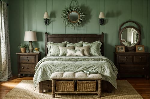 photo from pinterest of cottagecore-style interior designed (bedroom interior) with bedside table or night stand and dresser closet and night light and headboard and plant and mirror and bed and storage bench or ottoman. . with earthy and organic and natural and country style and cottage style and rustic and floral patterns and traditional. . cinematic photo, highly detailed, cinematic lighting, ultra-detailed, ultrarealistic, photorealism, 8k. trending on pinterest. cottagecore interior design style. masterpiece, cinematic light, ultrarealistic+, photorealistic+, 8k, raw photo, realistic, sharp focus on eyes, (symmetrical eyes), (intact eyes), hyperrealistic, highest quality, best quality, , highly detailed, masterpiece, best quality, extremely detailed 8k wallpaper, masterpiece, best quality, ultra-detailed, best shadow, detailed background, detailed face, detailed eyes, high contrast, best illumination, detailed face, dulux, caustic, dynamic angle, detailed glow. dramatic lighting. highly detailed, insanely detailed hair, symmetrical, intricate details, professionally retouched, 8k high definition. strong bokeh. award winning photo.