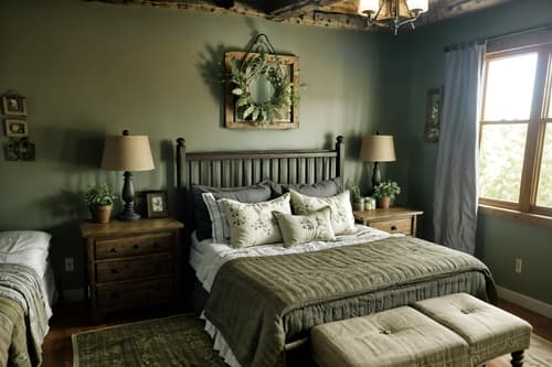 photo from pinterest of cottagecore-style interior designed (bedroom interior) with bedside table or night stand and dresser closet and night light and headboard and plant and mirror and bed and storage bench or ottoman. . with earthy and organic and natural and country style and cottage style and rustic and floral patterns and traditional. . cinematic photo, highly detailed, cinematic lighting, ultra-detailed, ultrarealistic, photorealism, 8k. trending on pinterest. cottagecore interior design style. masterpiece, cinematic light, ultrarealistic+, photorealistic+, 8k, raw photo, realistic, sharp focus on eyes, (symmetrical eyes), (intact eyes), hyperrealistic, highest quality, best quality, , highly detailed, masterpiece, best quality, extremely detailed 8k wallpaper, masterpiece, best quality, ultra-detailed, best shadow, detailed background, detailed face, detailed eyes, high contrast, best illumination, detailed face, dulux, caustic, dynamic angle, detailed glow. dramatic lighting. highly detailed, insanely detailed hair, symmetrical, intricate details, professionally retouched, 8k high definition. strong bokeh. award winning photo.