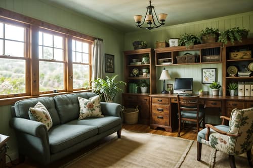 photo from pinterest of cottagecore-style interior designed (office interior) with computer desks and seating area with sofa and desk lamps and office desks and plants and windows and cabinets and lounge chairs. . with cottage style and floral patterns and organic and country style and traditional and earthy and muted colors and natural. . cinematic photo, highly detailed, cinematic lighting, ultra-detailed, ultrarealistic, photorealism, 8k. trending on pinterest. cottagecore interior design style. masterpiece, cinematic light, ultrarealistic+, photorealistic+, 8k, raw photo, realistic, sharp focus on eyes, (symmetrical eyes), (intact eyes), hyperrealistic, highest quality, best quality, , highly detailed, masterpiece, best quality, extremely detailed 8k wallpaper, masterpiece, best quality, ultra-detailed, best shadow, detailed background, detailed face, detailed eyes, high contrast, best illumination, detailed face, dulux, caustic, dynamic angle, detailed glow. dramatic lighting. highly detailed, insanely detailed hair, symmetrical, intricate details, professionally retouched, 8k high definition. strong bokeh. award winning photo.