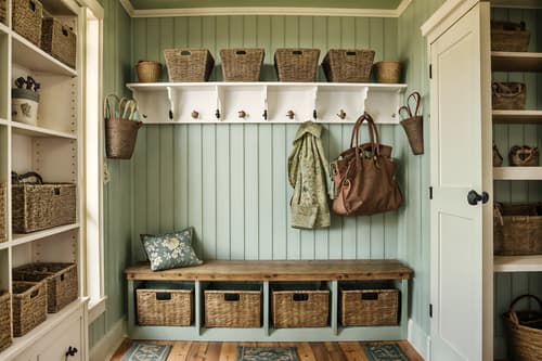 photo from pinterest of cottagecore-style interior designed (mudroom interior) with storage drawers and shelves for shoes and cubbies and cabinets and wall hooks for coats and high up storage and storage baskets and a bench. . with natural and cottage style and muted colors and floral patterns and traditional and organic and rustic and country style. . cinematic photo, highly detailed, cinematic lighting, ultra-detailed, ultrarealistic, photorealism, 8k. trending on pinterest. cottagecore interior design style. masterpiece, cinematic light, ultrarealistic+, photorealistic+, 8k, raw photo, realistic, sharp focus on eyes, (symmetrical eyes), (intact eyes), hyperrealistic, highest quality, best quality, , highly detailed, masterpiece, best quality, extremely detailed 8k wallpaper, masterpiece, best quality, ultra-detailed, best shadow, detailed background, detailed face, detailed eyes, high contrast, best illumination, detailed face, dulux, caustic, dynamic angle, detailed glow. dramatic lighting. highly detailed, insanely detailed hair, symmetrical, intricate details, professionally retouched, 8k high definition. strong bokeh. award winning photo.