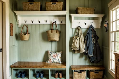 photo from pinterest of cottagecore-style interior designed (mudroom interior) with storage drawers and shelves for shoes and cubbies and cabinets and wall hooks for coats and high up storage and storage baskets and a bench. . with natural and cottage style and muted colors and floral patterns and traditional and organic and rustic and country style. . cinematic photo, highly detailed, cinematic lighting, ultra-detailed, ultrarealistic, photorealism, 8k. trending on pinterest. cottagecore interior design style. masterpiece, cinematic light, ultrarealistic+, photorealistic+, 8k, raw photo, realistic, sharp focus on eyes, (symmetrical eyes), (intact eyes), hyperrealistic, highest quality, best quality, , highly detailed, masterpiece, best quality, extremely detailed 8k wallpaper, masterpiece, best quality, ultra-detailed, best shadow, detailed background, detailed face, detailed eyes, high contrast, best illumination, detailed face, dulux, caustic, dynamic angle, detailed glow. dramatic lighting. highly detailed, insanely detailed hair, symmetrical, intricate details, professionally retouched, 8k high definition. strong bokeh. award winning photo.