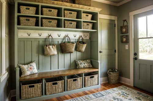 photo from pinterest of cottagecore-style interior designed (mudroom interior) with storage drawers and shelves for shoes and cubbies and cabinets and wall hooks for coats and high up storage and storage baskets and a bench. . with natural and cottage style and muted colors and floral patterns and traditional and organic and rustic and country style. . cinematic photo, highly detailed, cinematic lighting, ultra-detailed, ultrarealistic, photorealism, 8k. trending on pinterest. cottagecore interior design style. masterpiece, cinematic light, ultrarealistic+, photorealistic+, 8k, raw photo, realistic, sharp focus on eyes, (symmetrical eyes), (intact eyes), hyperrealistic, highest quality, best quality, , highly detailed, masterpiece, best quality, extremely detailed 8k wallpaper, masterpiece, best quality, ultra-detailed, best shadow, detailed background, detailed face, detailed eyes, high contrast, best illumination, detailed face, dulux, caustic, dynamic angle, detailed glow. dramatic lighting. highly detailed, insanely detailed hair, symmetrical, intricate details, professionally retouched, 8k high definition. strong bokeh. award winning photo.