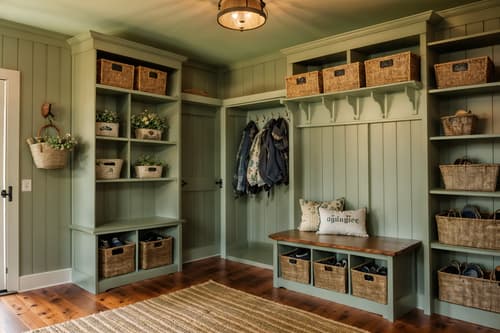 photo from pinterest of cottagecore-style interior designed (mudroom interior) with storage drawers and shelves for shoes and cubbies and cabinets and wall hooks for coats and high up storage and storage baskets and a bench. . with natural and cottage style and muted colors and floral patterns and traditional and organic and rustic and country style. . cinematic photo, highly detailed, cinematic lighting, ultra-detailed, ultrarealistic, photorealism, 8k. trending on pinterest. cottagecore interior design style. masterpiece, cinematic light, ultrarealistic+, photorealistic+, 8k, raw photo, realistic, sharp focus on eyes, (symmetrical eyes), (intact eyes), hyperrealistic, highest quality, best quality, , highly detailed, masterpiece, best quality, extremely detailed 8k wallpaper, masterpiece, best quality, ultra-detailed, best shadow, detailed background, detailed face, detailed eyes, high contrast, best illumination, detailed face, dulux, caustic, dynamic angle, detailed glow. dramatic lighting. highly detailed, insanely detailed hair, symmetrical, intricate details, professionally retouched, 8k high definition. strong bokeh. award winning photo.