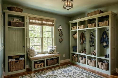 photo from pinterest of cottagecore-style interior designed (mudroom interior) with storage drawers and shelves for shoes and cubbies and cabinets and wall hooks for coats and high up storage and storage baskets and a bench. . with natural and cottage style and muted colors and floral patterns and traditional and organic and rustic and country style. . cinematic photo, highly detailed, cinematic lighting, ultra-detailed, ultrarealistic, photorealism, 8k. trending on pinterest. cottagecore interior design style. masterpiece, cinematic light, ultrarealistic+, photorealistic+, 8k, raw photo, realistic, sharp focus on eyes, (symmetrical eyes), (intact eyes), hyperrealistic, highest quality, best quality, , highly detailed, masterpiece, best quality, extremely detailed 8k wallpaper, masterpiece, best quality, ultra-detailed, best shadow, detailed background, detailed face, detailed eyes, high contrast, best illumination, detailed face, dulux, caustic, dynamic angle, detailed glow. dramatic lighting. highly detailed, insanely detailed hair, symmetrical, intricate details, professionally retouched, 8k high definition. strong bokeh. award winning photo.