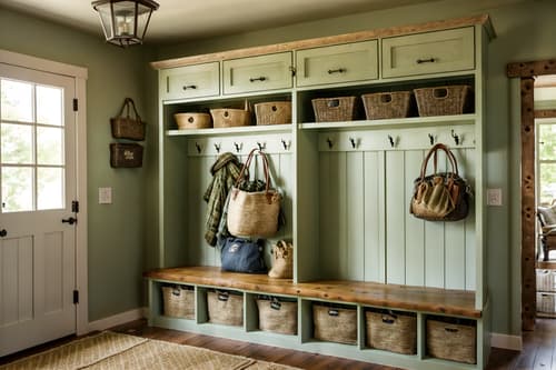 photo from pinterest of cottagecore-style interior designed (mudroom interior) with storage drawers and shelves for shoes and cubbies and cabinets and wall hooks for coats and high up storage and storage baskets and a bench. . with natural and cottage style and muted colors and floral patterns and traditional and organic and rustic and country style. . cinematic photo, highly detailed, cinematic lighting, ultra-detailed, ultrarealistic, photorealism, 8k. trending on pinterest. cottagecore interior design style. masterpiece, cinematic light, ultrarealistic+, photorealistic+, 8k, raw photo, realistic, sharp focus on eyes, (symmetrical eyes), (intact eyes), hyperrealistic, highest quality, best quality, , highly detailed, masterpiece, best quality, extremely detailed 8k wallpaper, masterpiece, best quality, ultra-detailed, best shadow, detailed background, detailed face, detailed eyes, high contrast, best illumination, detailed face, dulux, caustic, dynamic angle, detailed glow. dramatic lighting. highly detailed, insanely detailed hair, symmetrical, intricate details, professionally retouched, 8k high definition. strong bokeh. award winning photo.