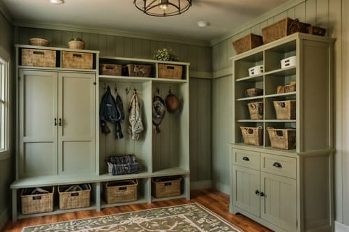photo from pinterest of cottagecore-style interior designed (mudroom interior) with storage drawers and shelves for shoes and cubbies and cabinets and wall hooks for coats and high up storage and storage baskets and a bench. . with natural and cottage style and muted colors and floral patterns and traditional and organic and rustic and country style. . cinematic photo, highly detailed, cinematic lighting, ultra-detailed, ultrarealistic, photorealism, 8k. trending on pinterest. cottagecore interior design style. masterpiece, cinematic light, ultrarealistic+, photorealistic+, 8k, raw photo, realistic, sharp focus on eyes, (symmetrical eyes), (intact eyes), hyperrealistic, highest quality, best quality, , highly detailed, masterpiece, best quality, extremely detailed 8k wallpaper, masterpiece, best quality, ultra-detailed, best shadow, detailed background, detailed face, detailed eyes, high contrast, best illumination, detailed face, dulux, caustic, dynamic angle, detailed glow. dramatic lighting. highly detailed, insanely detailed hair, symmetrical, intricate details, professionally retouched, 8k high definition. strong bokeh. award winning photo.