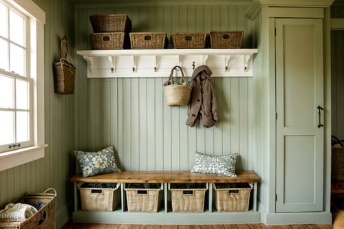 photo from pinterest of cottagecore-style interior designed (mudroom interior) with storage drawers and shelves for shoes and cubbies and cabinets and wall hooks for coats and high up storage and storage baskets and a bench. . with natural and cottage style and muted colors and floral patterns and traditional and organic and rustic and country style. . cinematic photo, highly detailed, cinematic lighting, ultra-detailed, ultrarealistic, photorealism, 8k. trending on pinterest. cottagecore interior design style. masterpiece, cinematic light, ultrarealistic+, photorealistic+, 8k, raw photo, realistic, sharp focus on eyes, (symmetrical eyes), (intact eyes), hyperrealistic, highest quality, best quality, , highly detailed, masterpiece, best quality, extremely detailed 8k wallpaper, masterpiece, best quality, ultra-detailed, best shadow, detailed background, detailed face, detailed eyes, high contrast, best illumination, detailed face, dulux, caustic, dynamic angle, detailed glow. dramatic lighting. highly detailed, insanely detailed hair, symmetrical, intricate details, professionally retouched, 8k high definition. strong bokeh. award winning photo.