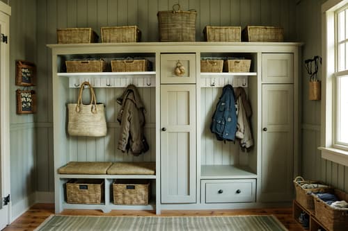 photo from pinterest of cottagecore-style interior designed (mudroom interior) with storage drawers and shelves for shoes and cubbies and cabinets and wall hooks for coats and high up storage and storage baskets and a bench. . with natural and cottage style and muted colors and floral patterns and traditional and organic and rustic and country style. . cinematic photo, highly detailed, cinematic lighting, ultra-detailed, ultrarealistic, photorealism, 8k. trending on pinterest. cottagecore interior design style. masterpiece, cinematic light, ultrarealistic+, photorealistic+, 8k, raw photo, realistic, sharp focus on eyes, (symmetrical eyes), (intact eyes), hyperrealistic, highest quality, best quality, , highly detailed, masterpiece, best quality, extremely detailed 8k wallpaper, masterpiece, best quality, ultra-detailed, best shadow, detailed background, detailed face, detailed eyes, high contrast, best illumination, detailed face, dulux, caustic, dynamic angle, detailed glow. dramatic lighting. highly detailed, insanely detailed hair, symmetrical, intricate details, professionally retouched, 8k high definition. strong bokeh. award winning photo.